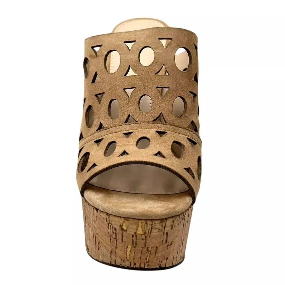 Pelle Moda Peep Toe Women’s Sandal Size 8.5 Latte Suede Cork Platform Block Heel